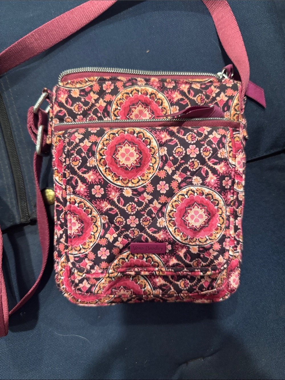 Vera Bradley Pink Magenta and Brown Floral Medallion Crossbody Bag